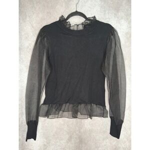 NWT Charmed Hearts Black Ruffle Trim Top Sheer Mesh Tulle Sleeves Size L